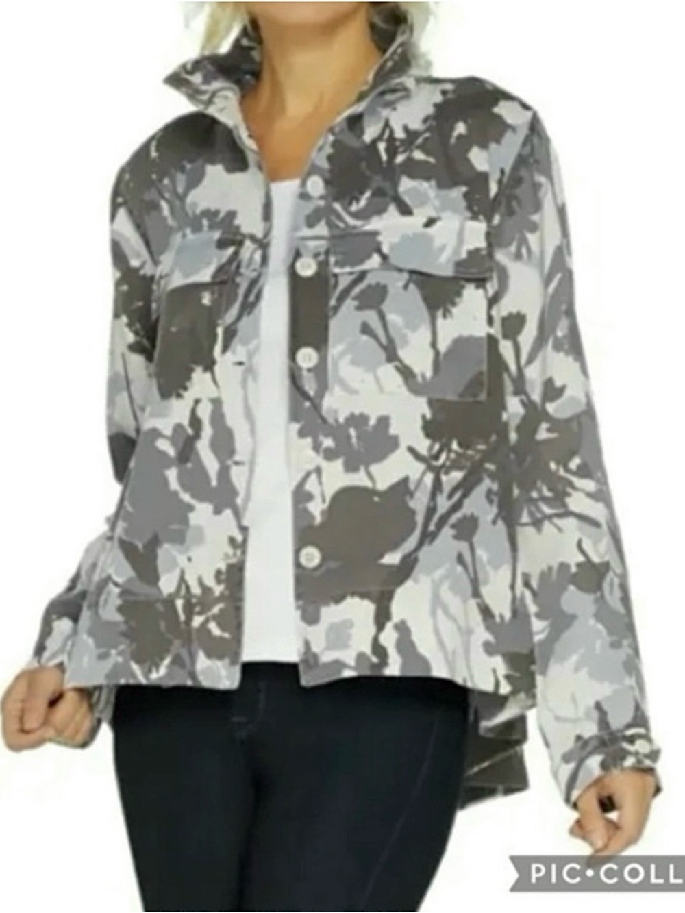 Laurie Felt Gray Camo Floral Hi Low Swing Jacket 2 Utility Streetwear Gorpcore